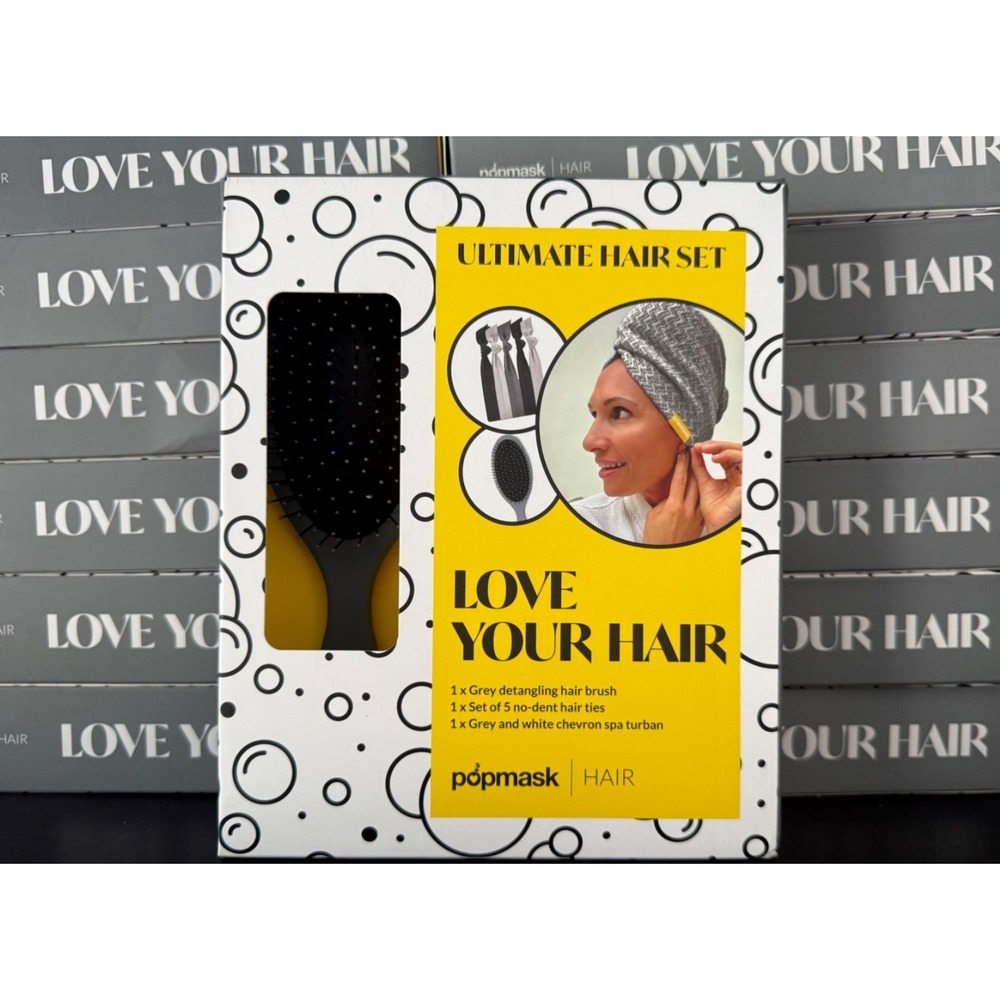 Popmask Ultimate Hair Set Detangling Gray Hair Brush With Hair Ties & Turban new